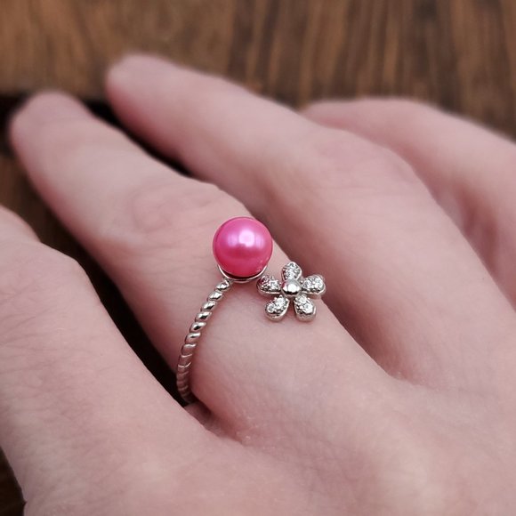 Size 8 925 Sterling Silver Pink Genuine Pearl And Flower CZ Gem Ring - Picture 4 of 8